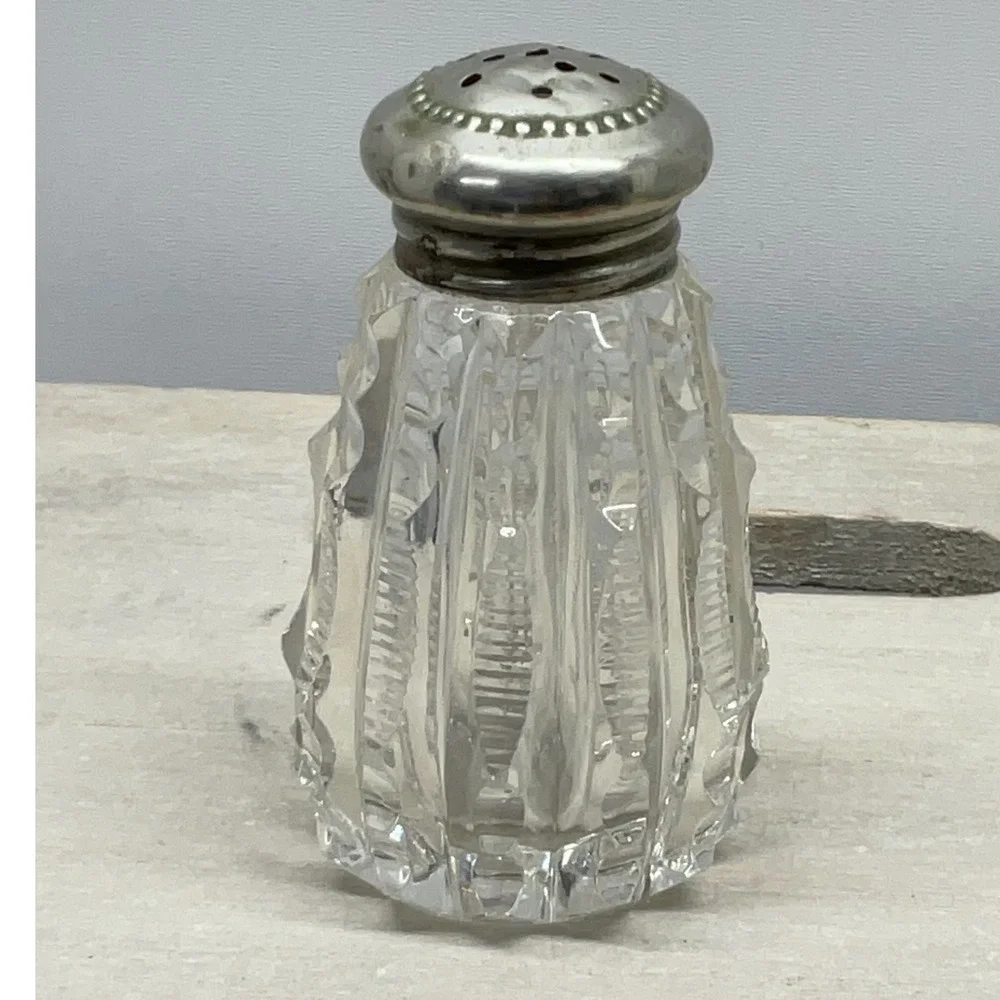 Antique Cut Glass Shaker Victorian Geometric Pattern Silver Tone Lid Clear